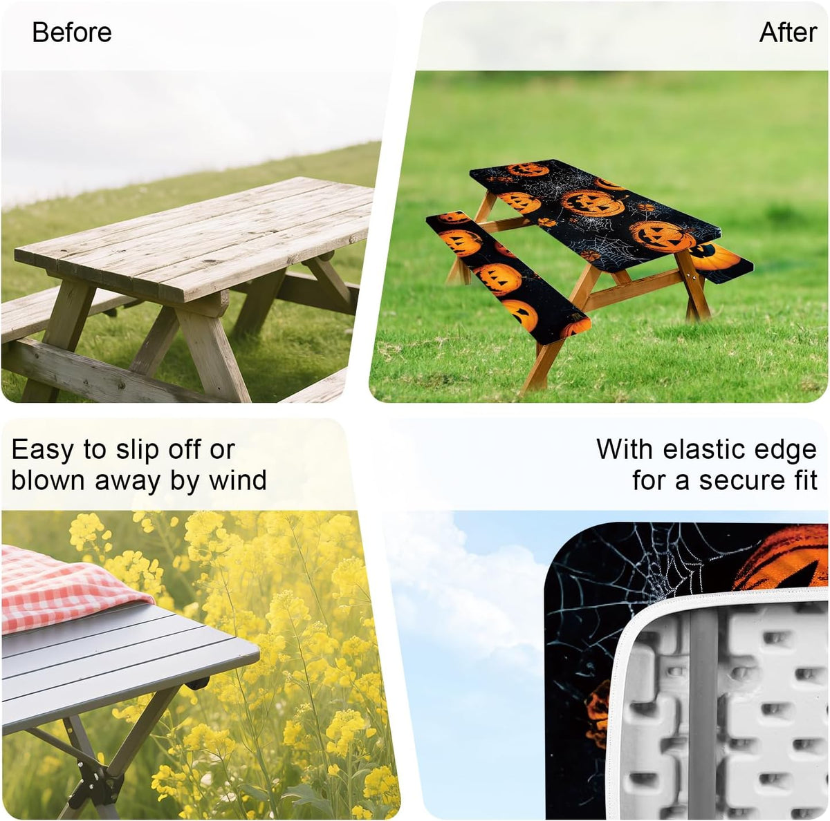 ANNA QUEEN Halloween Pumpkin 6FT Picnic Table Cover Set, Spooky 3PCS 72"...