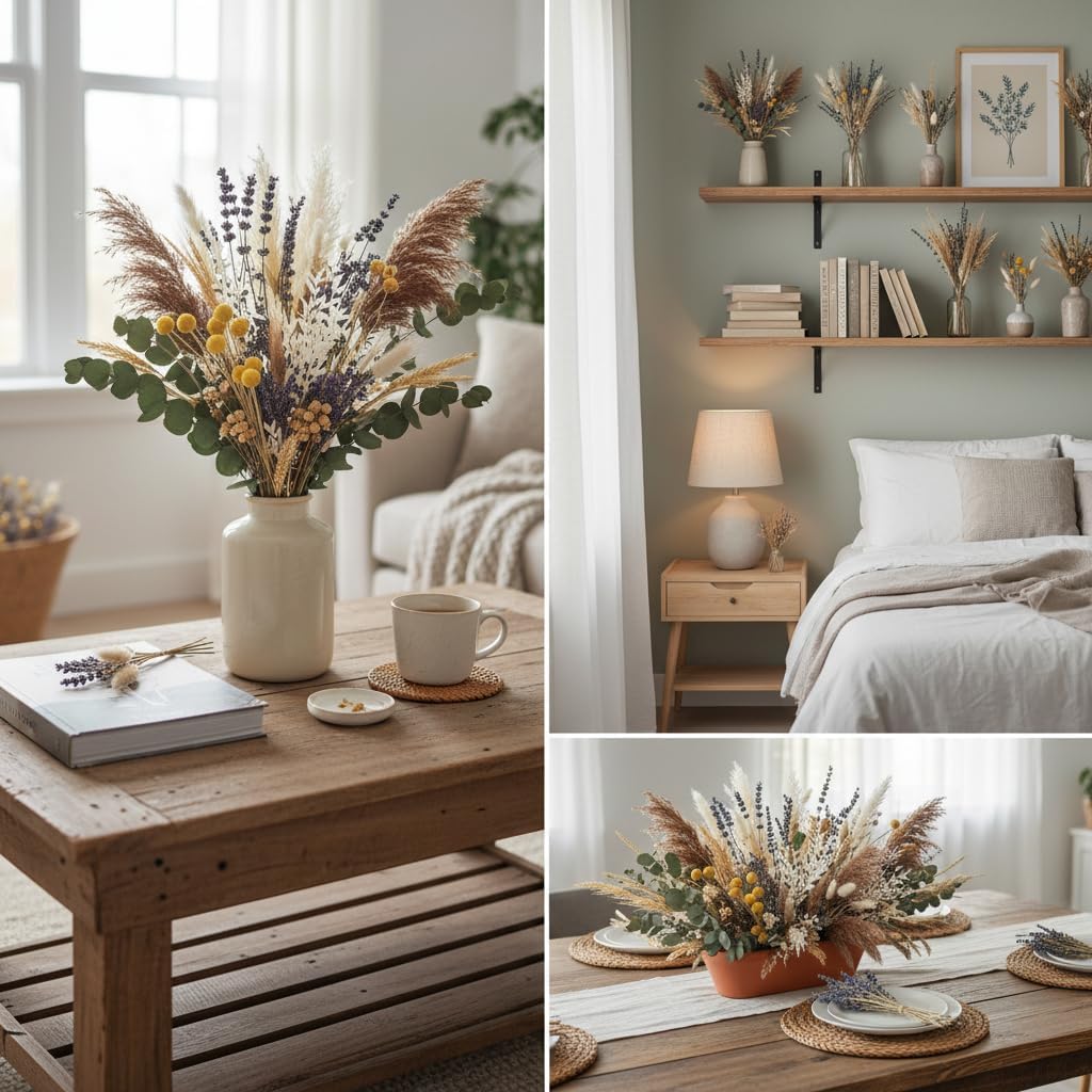 500PCS Dried Pampas Grass Bouquet – Boho Dried Flowers for Vase, White & Brown Pampas, Bunny Tails, Eucalyptus, Wheat & Lavender – Natural Floral Decor for Home, Wedding, Baby Shower &Photoshoot Props