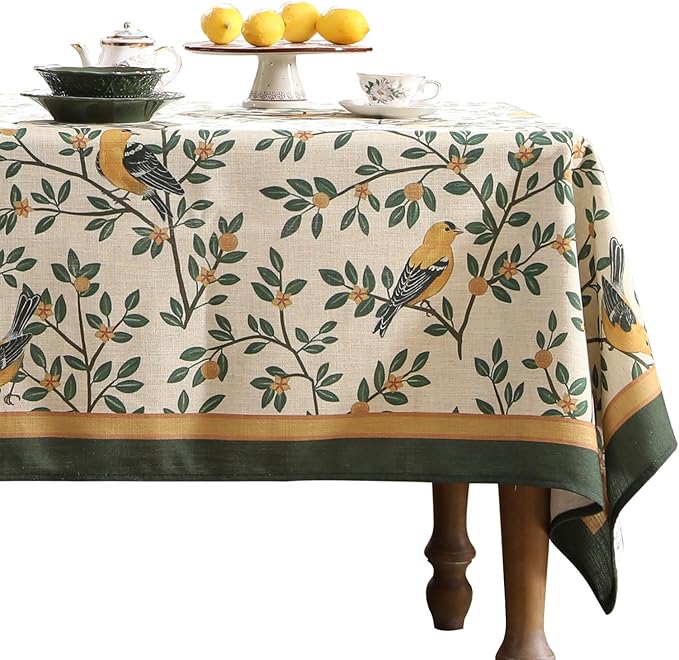 patdrea Designer Green Linen Rectangular Tablecloth,Vintage Breathable Floral Extra Long Table Cloth,Decor Table Cover for Kitchen Dining,Parties,Party,Christmas,Thanksgiving,63"x110"-Warbler