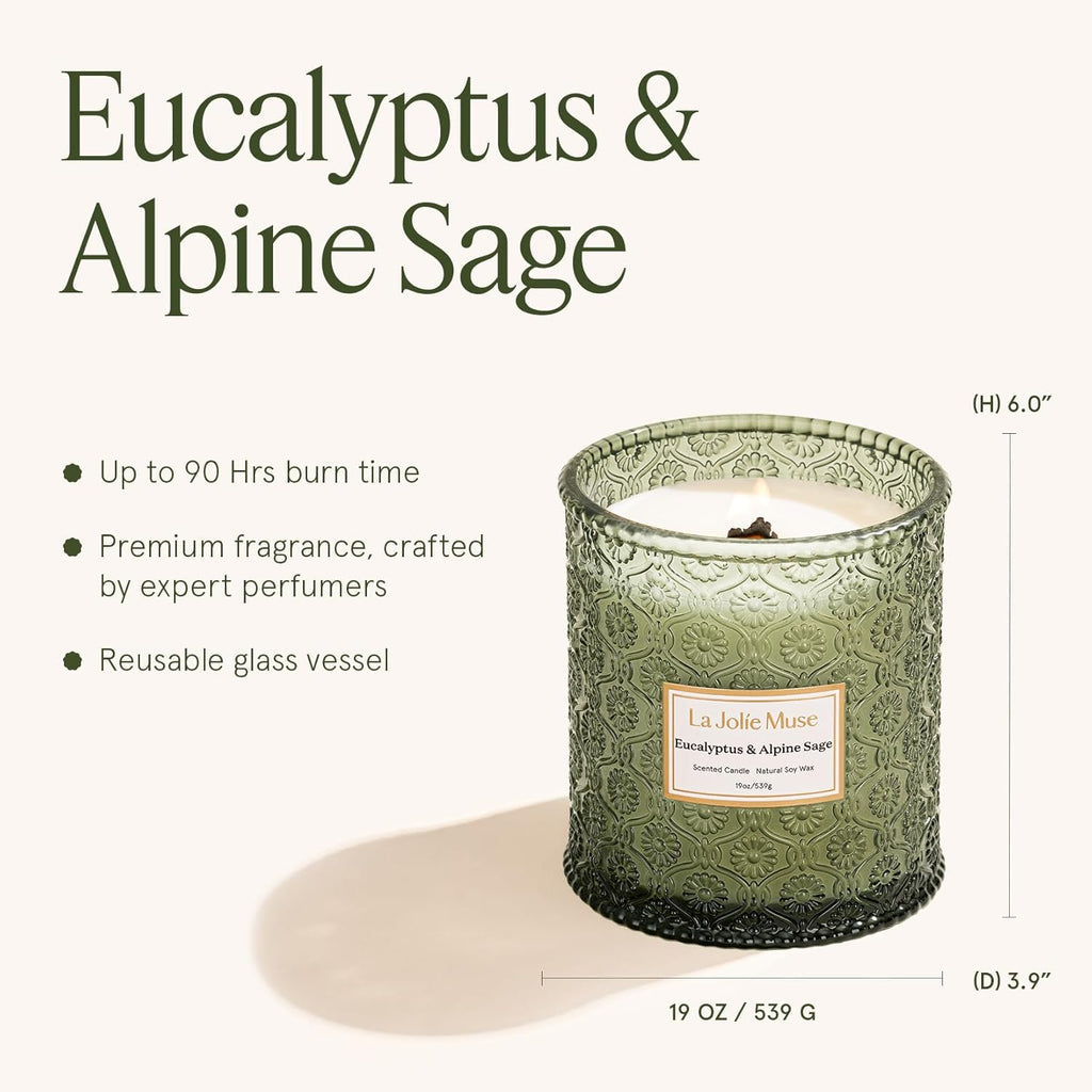 LA JOLIE MUSE Eucalyptus Sage Fresh Scented Candles for Home, 19 oz Soy Wax | Large Jar Luxury Candle, Clean Non Toxic, Gift for Women & Men, Relaxing Aromatherapy Candle, Decorative Candles, Wood Wick