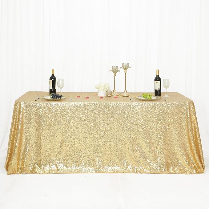 SquarePie Sequin Tablecloth 90 x 132 Inch Light Gold Sparkly Table Cloth for Wedding Party Decoration