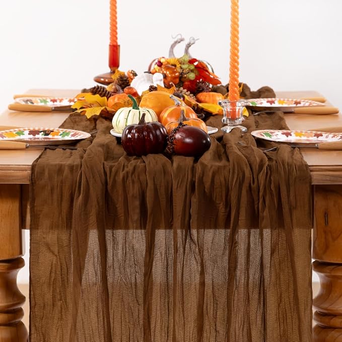 Brown Cheesecloth Table Runner Tan 10 Pack Fall Table Runners Boho Gauze 120 Inches Marron Cheese Cloth Fall Table Decorations for Thanksgiving Wedding Bridal Baby Shower Tea Party Decor