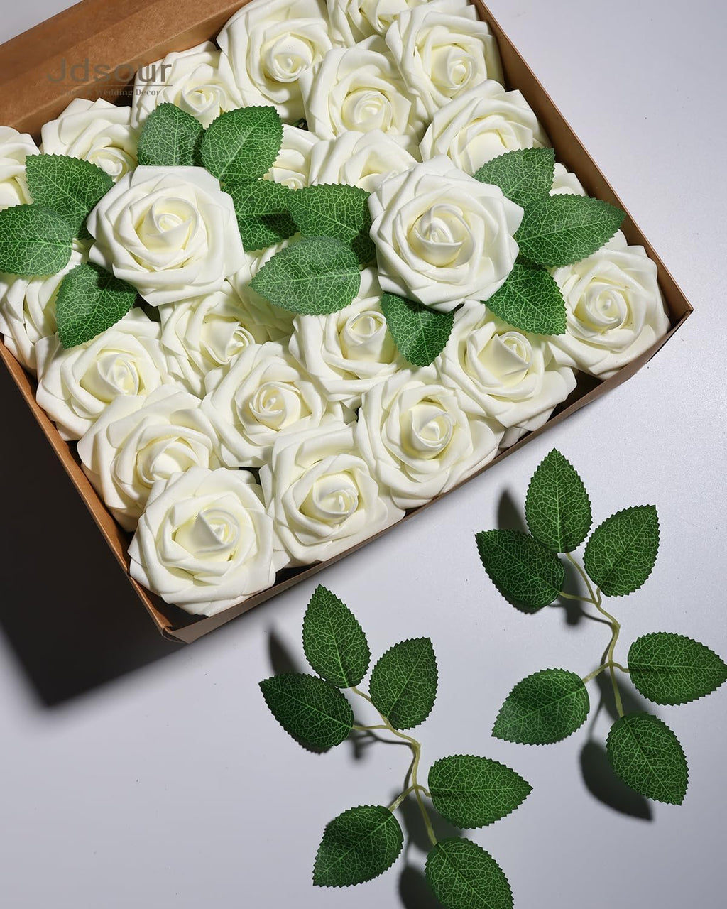 50pcs Artificial Flower，Real Touch Foam Roses w/Stem DIY for Wedding Bouquet Centerpieces Party Shower Home Decor-Ivory
