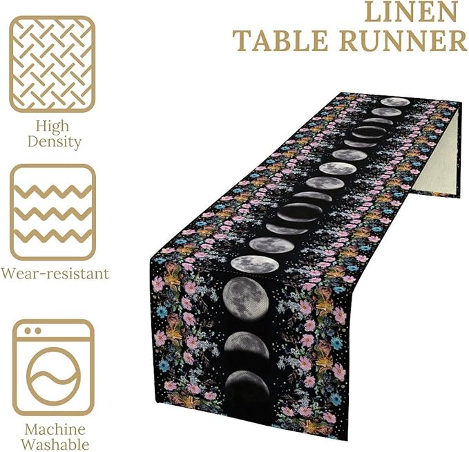 Boho Floral Moon Table Runner, Spring Flower Leaves Mystical Gothic Sun Moon Table Runner for Kitchen Dining Table Home Party,13x70 Inch Purple
