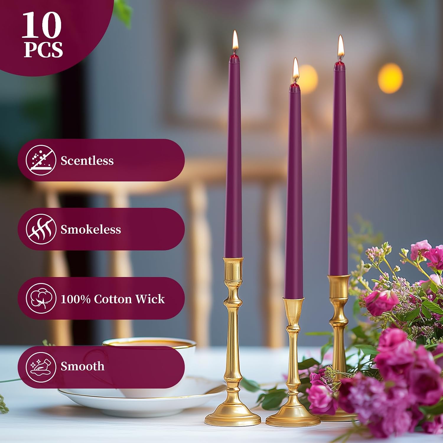 KONNI 0.87×10 Inch Purple Taper Candles, Unscented and Smokeless Tall Candlesticks, 10 Pack Tapered Candles with Cotton Wicks, Long Burning, Ideal for Weddings, Dinner Parties, and Home Décor