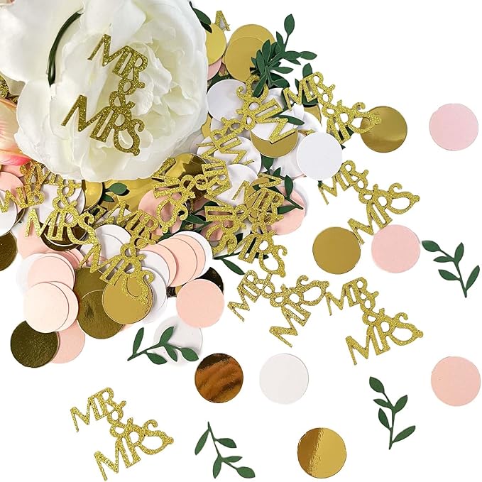 200 Pcs Rose Gold Bridal Shower Decorations, Wedding Table Confetti, Glitter Mr Mrs, Greenery Table Confetti, Engagement Party Scatters