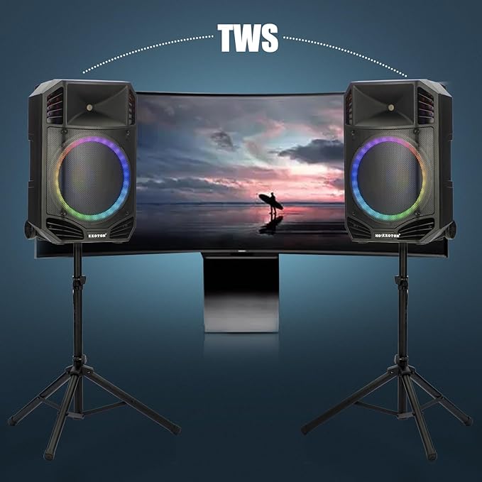 EXOTON S-1501 15 Inch Portable Rechargeable PA Speaker - 1600W, Bluetooth, TWS, USB/RCA, 2 UHF Mics, Remote, 7-Color Lights, DSP with 4 Scene Presets, 5-Band EQ