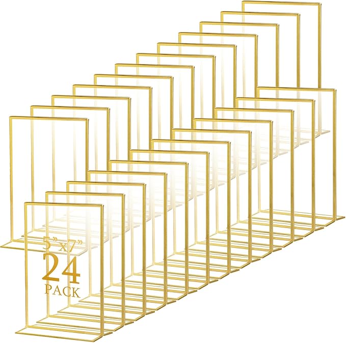 Hoteam 24 Pack 5 x 7 Clear Acrylic Sign Holder with Gold Borders, Gold Picture Frame, Double Sided Wedding Table Number, Acrylic Menu Stands for Wedding Table, Restaurant Sign, Photos Display