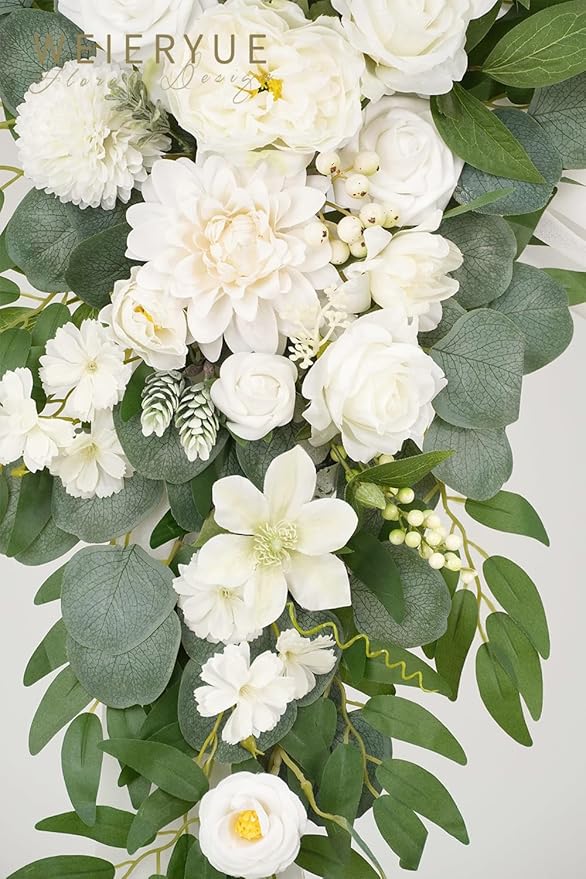 Artificial Wedding Arch Flowers Kit(Pack of 3),2Pcs Artificial Flower Arch Decor,1Pcs Sheer Drape for Wedding Ceremony Arbor for WeddingCeremony (Fairy White)