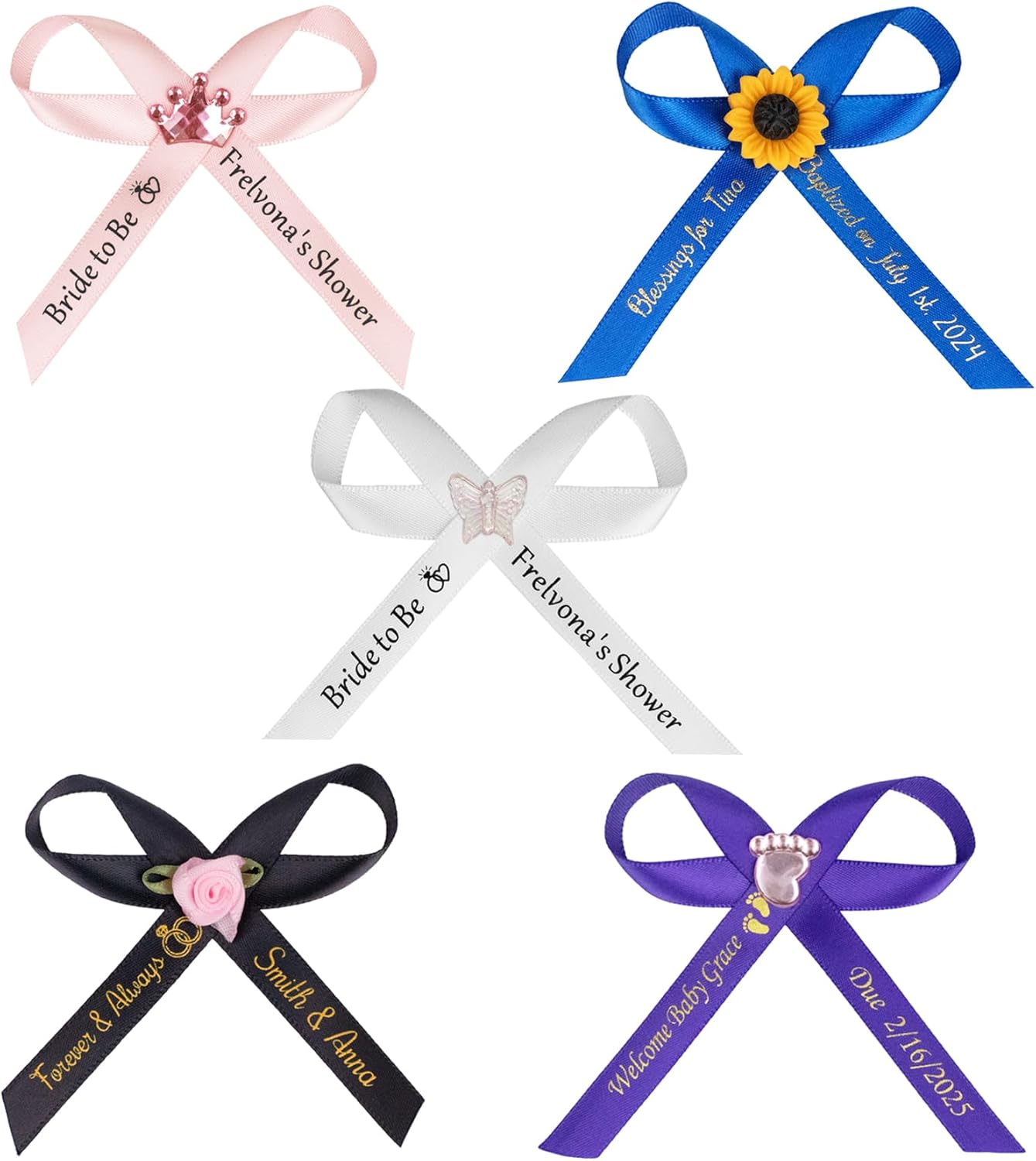 Personalized Ribbons Bows with Name 30 50 100 PCS for Bridal Shower Wedding Birthday Favors Custom Made Cut Ribbons Customized Assembled Bows with Safety Pins