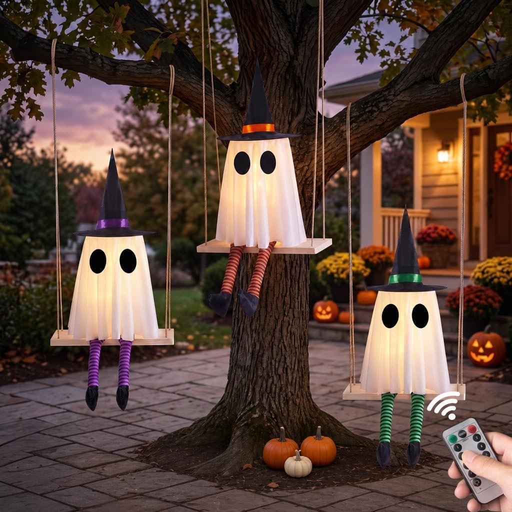 halloween swinging ghost outdoor decor, spooky hanging ghosts, main product view