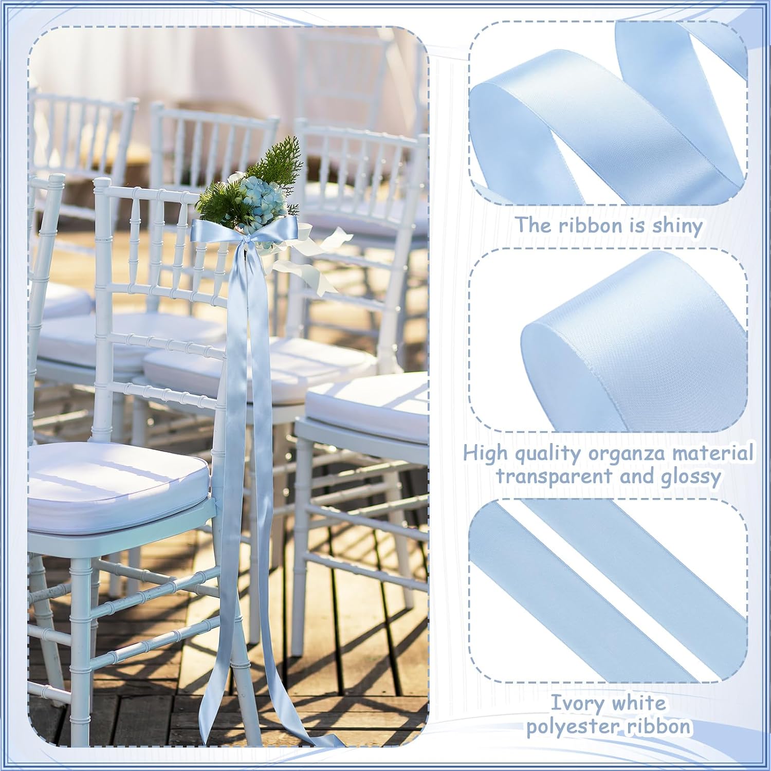 Daifunli Dusty Blue 24 Pcs Wedding Bows Aisle Decorations Satin Bows for Chairs Decor Pew Decorations Elegant Ceremony Ribbons for Wedding Background Church Bridal Shower Marriage Ceremony