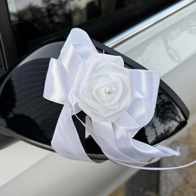 Wedding Car Decoration Flowers, Artificial White Bow Cars Decorative Flower Rose for Door Handles, Automotive Decorations Accessories for Women Men