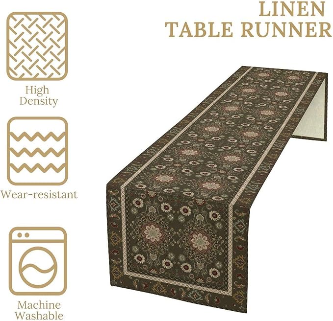 Vintage Boho Floral Table Runner, Rustic Country Farmhouse Brown Bohemia Flower Pattern for Home Kitchen Table Decor Dining Coffee Room Party Decor 13x72in