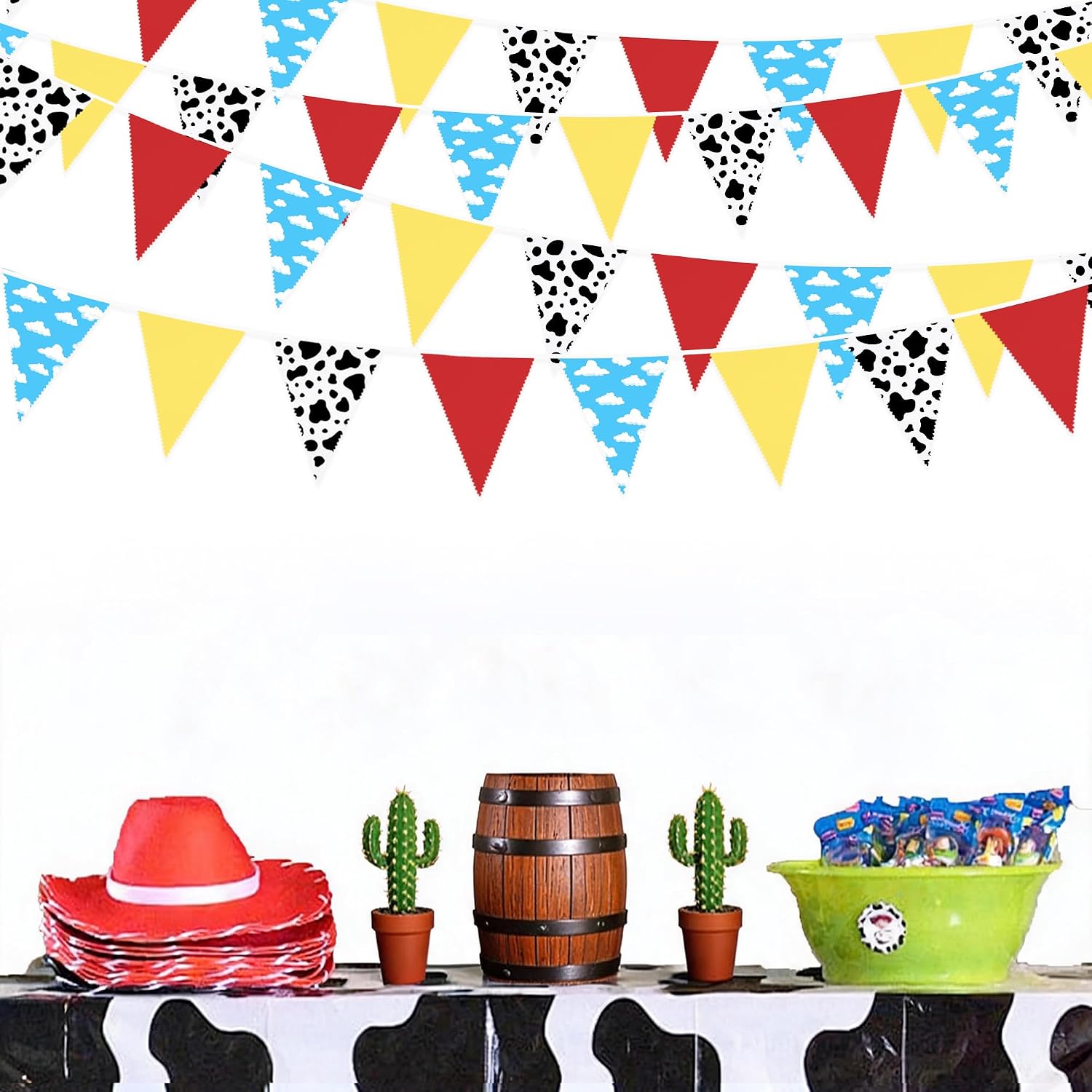 32Ft Cartoon Story Party Decorations Red Blue Yellow Toy Themed Story Fabric Banner Cloud and Cow Print Triangle Pennant Flag Garland Streamers for Birthday Outdoor Garden Decor Supplies