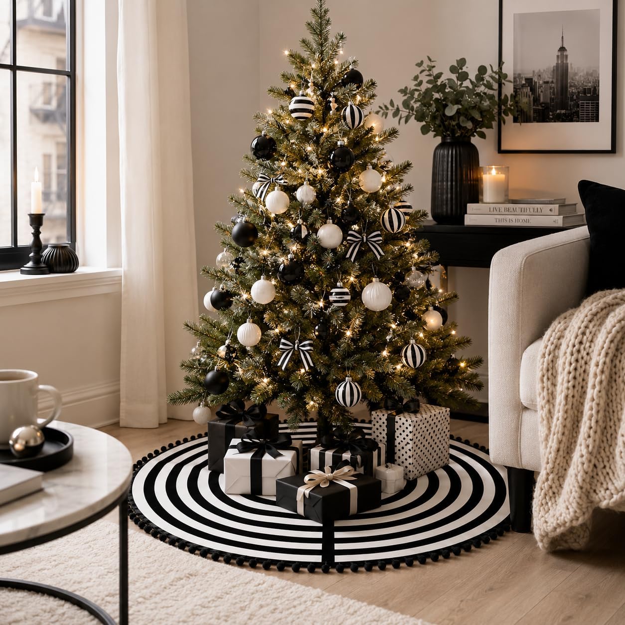 MACTING Christmas Black and White Tree Skirt, 30 Inch Annual Rings Tree Mat with Pom Poms for Xmas Tree Halloween Indoor Home Holiday Party Christmas Decorations