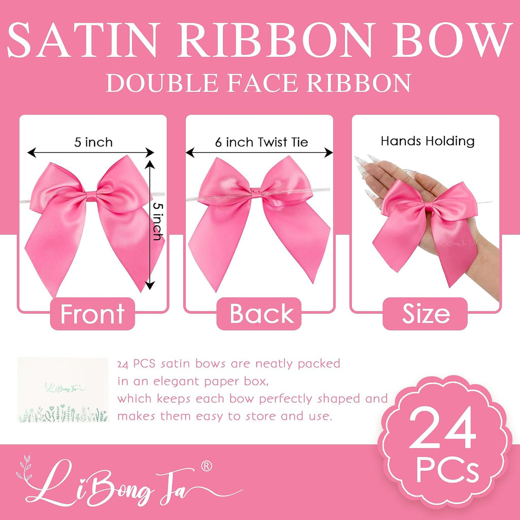 24 PCS Hot Pink Bows 5" Pre-Tied Fuchsia Pink Satin Ribbon Twist Tie Bow for Gift Wrapping Candy Treat Bags Crafts Baby Shower Birthday Party Favors Wedding Decor