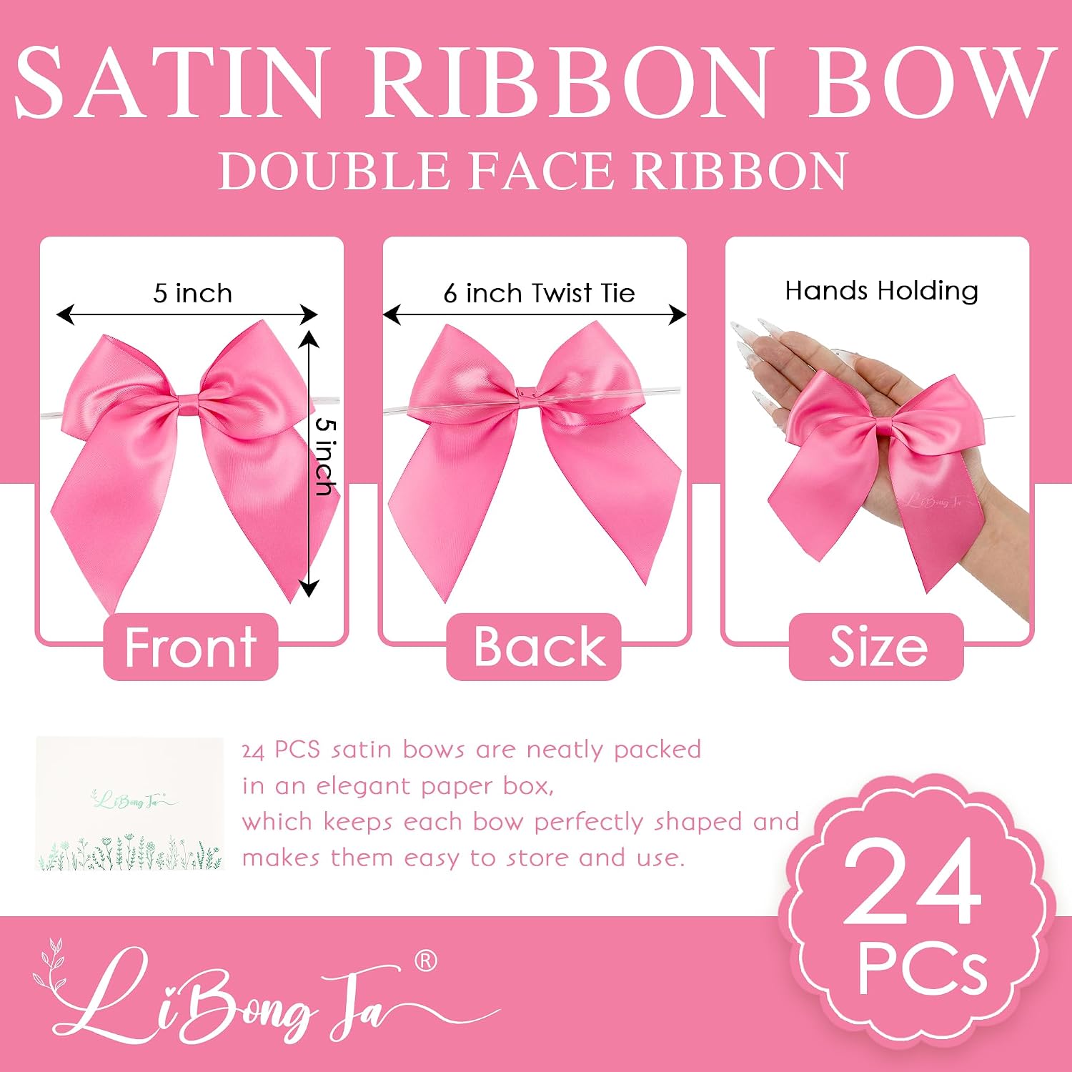 24 PCS Hot Pink Bows 5" Pre-Tied Fuchsia Pink Satin Ribbon Twist Tie Bow for Gift Wrapping Candy Treat Bags Crafts Baby Shower Birthday Party Favors Wedding Decor