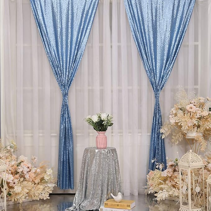 Poise3EHome 2ft x 8ft Baby Blue Sequin Backdrop Curtains 2 Panels Photography Backdrop for Party Decoration, Baby Blue