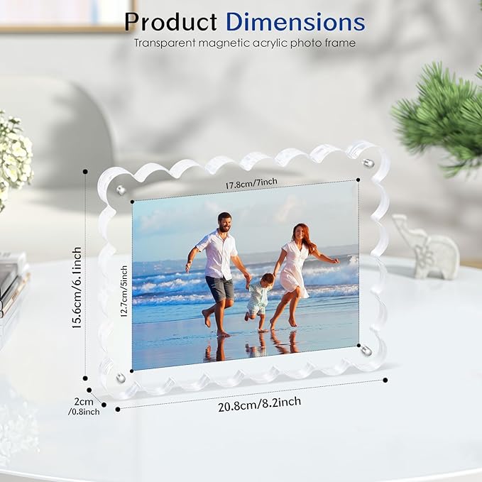 2Pack Acrylic Magnetic Photo Frame 5x7 Inch - Sleek Scalloped Design, 10+10mm Thick Crystal Clear Block, Freestanding Double-Sided Magnet |Trendy Home Gift (2 Pack, 5X7)