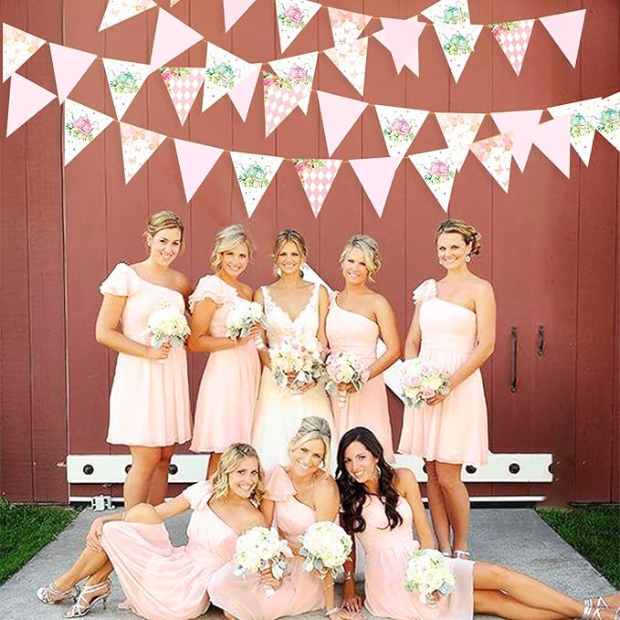 Spring Tea Party Decorations Pink and Gold Floral Flower Butterfly Teapot Teacup Plaid Paper Triangle Flag Pennant Banner Bunting for Spring Birthday Wedding Bridal Baby Shower Engagement Tea Party