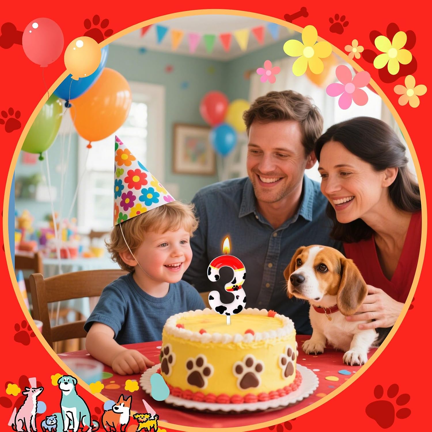 Dog Paw Birthday Candles, Number Candles for Birthday Party Cake Decoration Supplies (Red, Number 3)