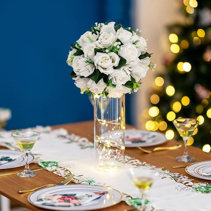 BLOSMON White Flowers for Wedding Centerpieces: 10 Pcs Artificial Roses Flower Balls for Table - Fake Silk Kissing Bouquet Floral Arrangement Center for Home Party Event Decor
