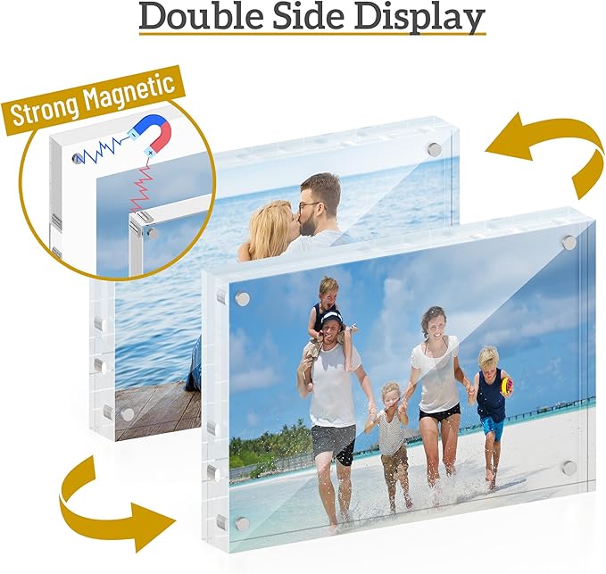 4x6 Acrylic Picture Frame 5 Pack, 20mm Thick Magnetic Double Sided Display 20% Thicker- Frameless Clear Transparent Photo Frame for Desktop/Tabletop, Self Standing with Microfiber Cloth
