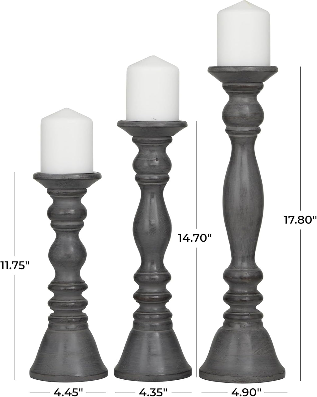 Deco 79 Wood Decorative Candle Holder Candle Stand, Set of 3 Candlestick Holder 18, 15, 12" H, Gray