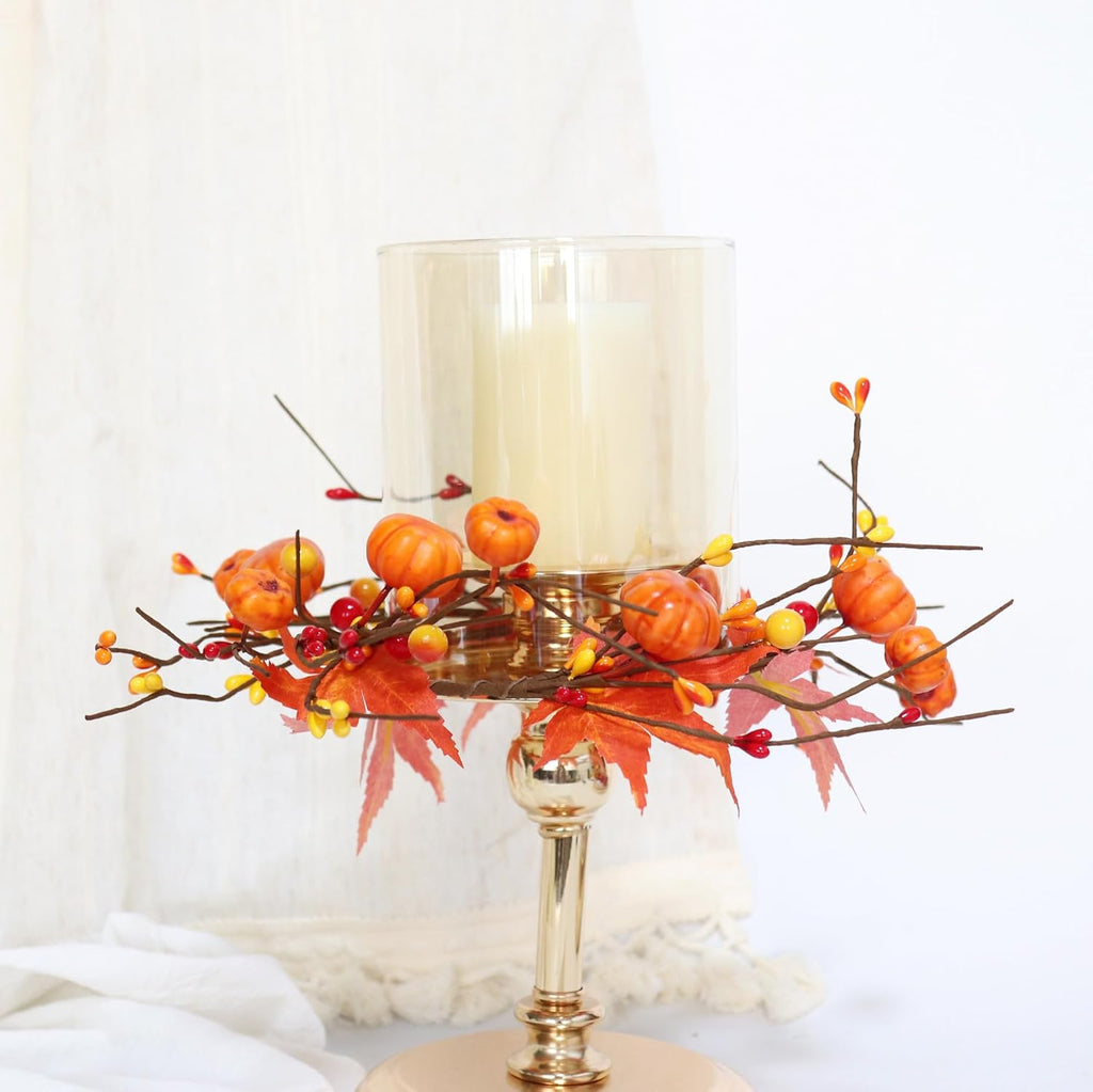 2 Pieces Pumpkins Maple Leaves Candle Rings Wreaths with Pip Berry Fall Candle Rings Thanksgiving Day Ring Holder Mini Autumn Artificial for Wedding,Door Tabletop Decoration (Orange)