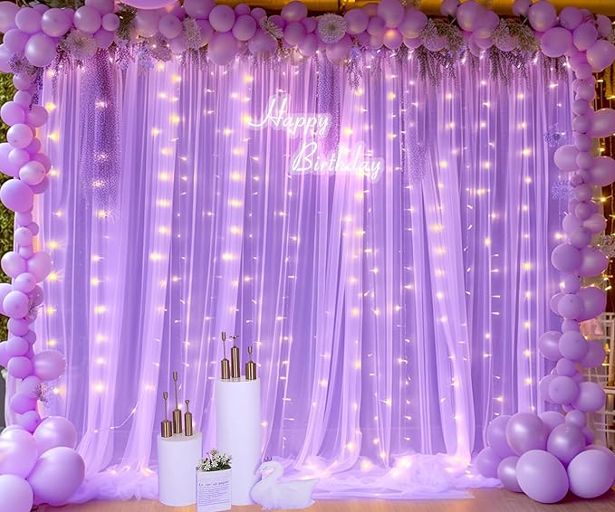 10ft x 10ft Lavender Tulle Photo Backdrop Curtain with Lights String for Parties Wedding Bridal Shower Sheer Lavender Curtain Backdrop for Birthday Baby Shower Photo Booth Photography