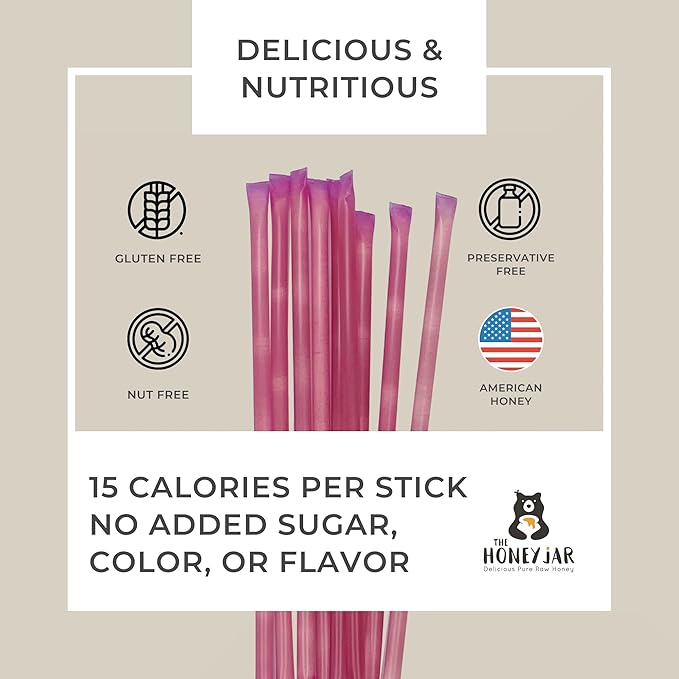 The Honey Jar Raspberry Flavored Honey Sticks - Pure Honey Straws For Tea, Coffee, or a Healthy Treat - One Teaspoon of Flavored Honey Per Stick - Made In The USA with Real Honey - (100 Count)