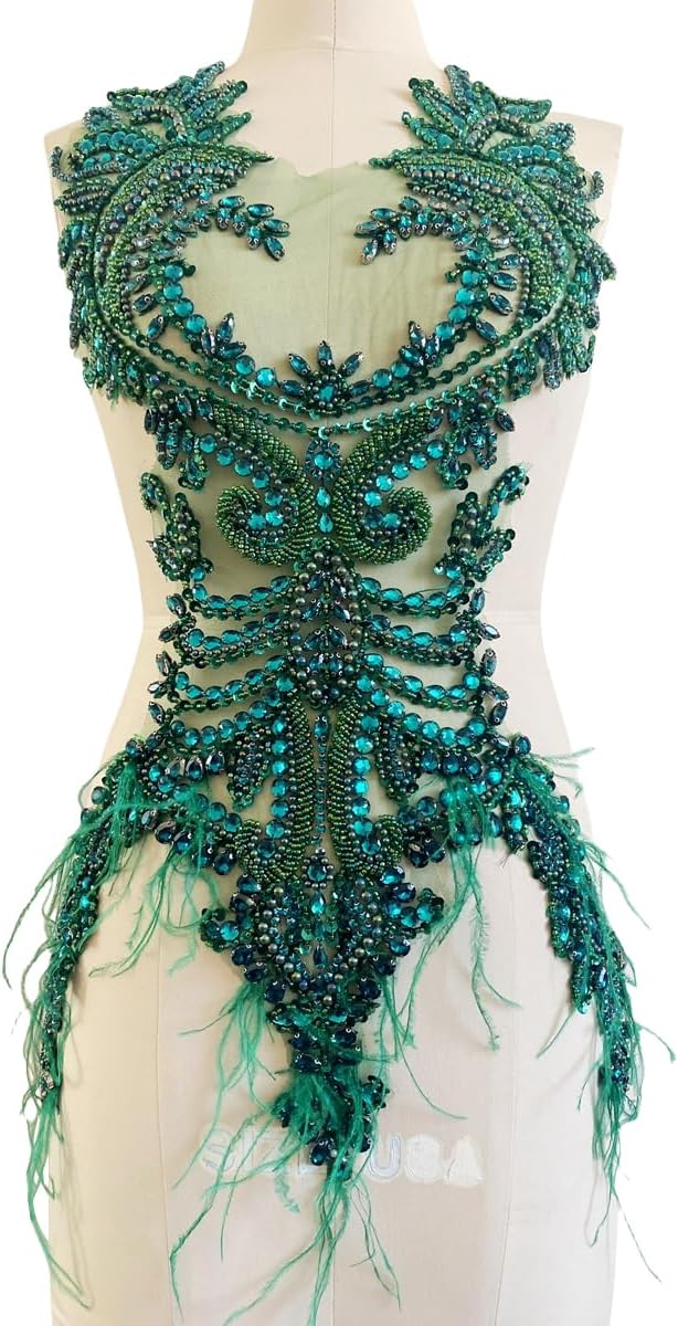 Handsewing Beads Trim Patches Rhinestones Bodice Applique with Ostrich Fur De...
