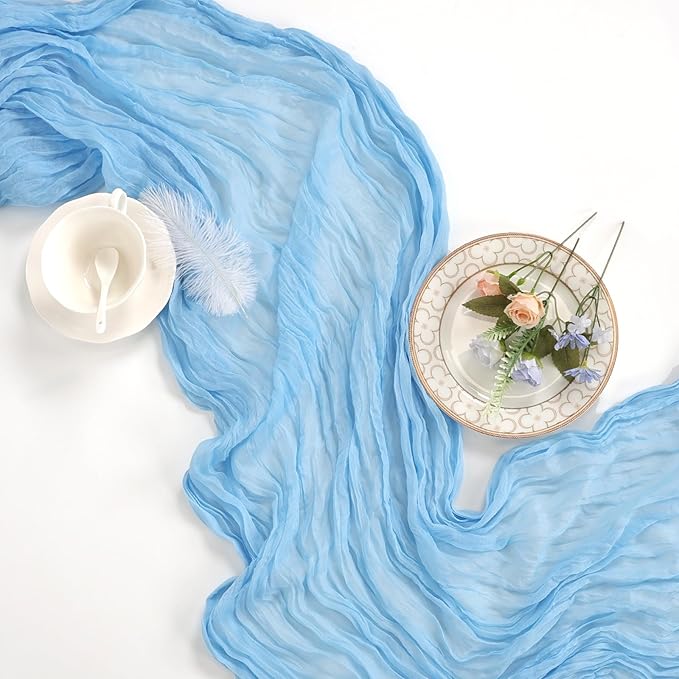 12 Pack Baby Blue Cheesecloth Table Runner 10ft Boho Gauze Fabric Cheese Cloth Table Runner 35 x 120 Inch Rustic Sheer for Romantic Wedding Decor Baby Shower Party Table Centerpiece Decoration