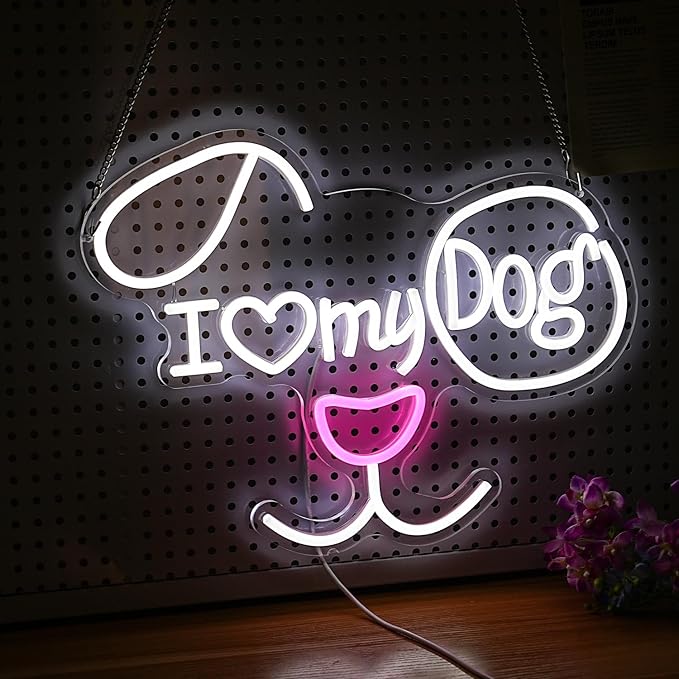 I Love My Dog Neon Sign for Wall Decor Funny Dog Neon Light Powered by USB Dimmable LED White Red Light Up Sign for Pet Shop Bedroom Animal Theme Party Decor Great Idea(16.7 * 12.6In)