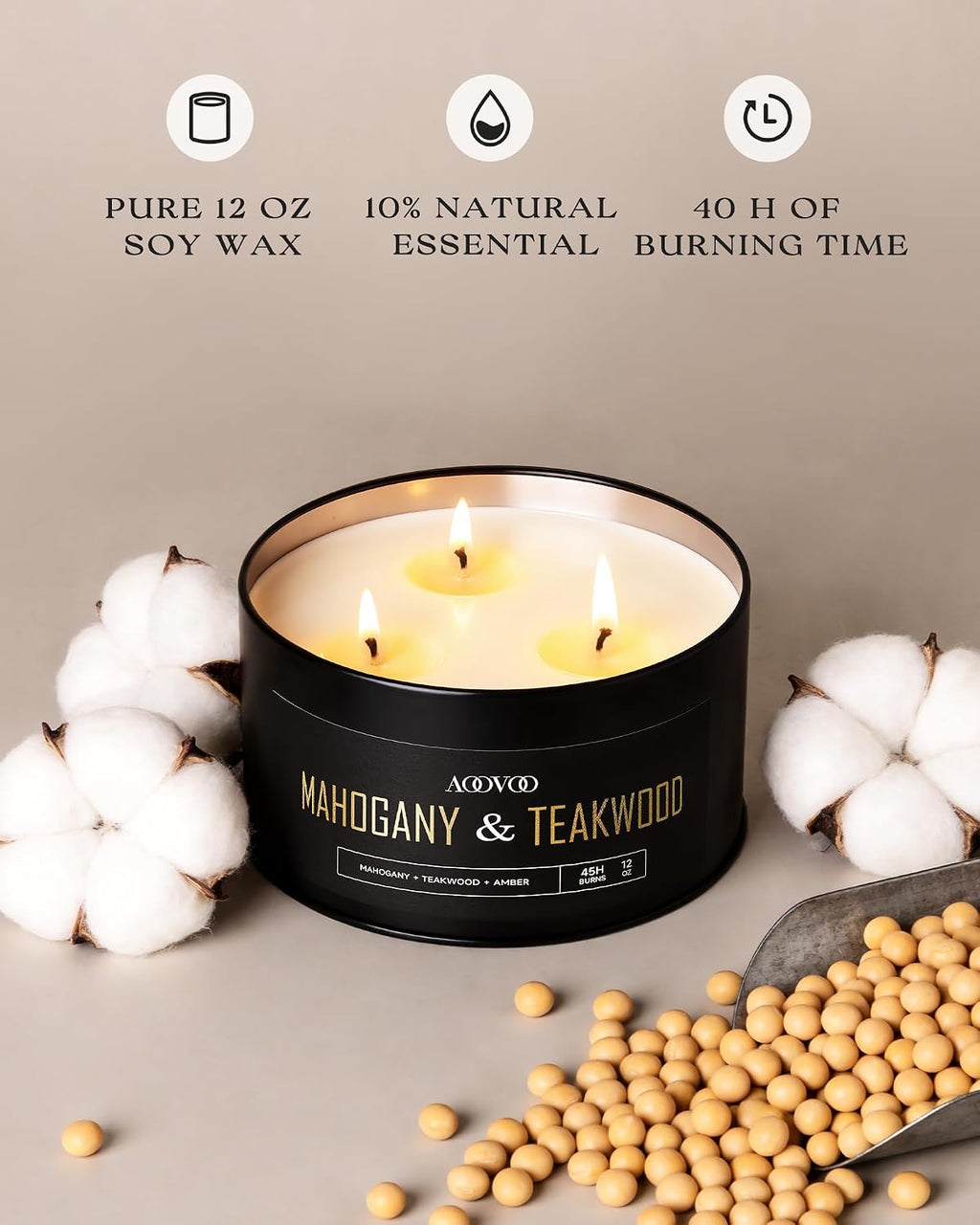 AOOVOO Mahogany Teakwood Candles for Men - 3 Wick 12oz Large Scented Candle, Long Lasting Soy Candles for Home Scented, Strong Fragranced Masculine Black Candle Gift for Father Day, Women & Men
