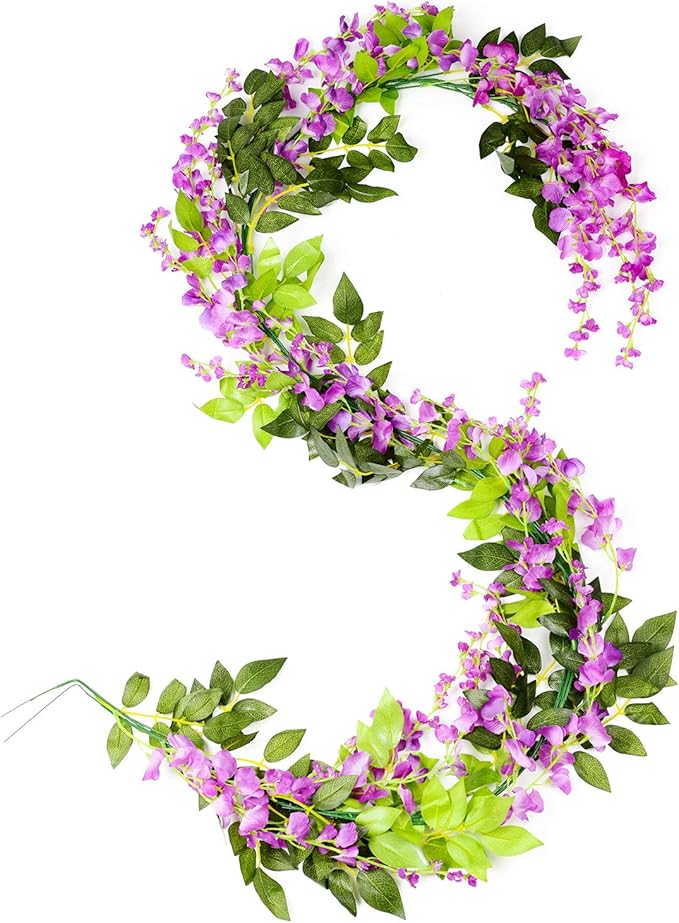 DearHouse 4Pcs 6.6Ft/Piece Artificial Flowers Silk Wisteria Garland Artificial Wisteria Vine Rattan Silk Hanging Flower for Home Garden Outdoor Ceremony Wedding Arch Floral Decor