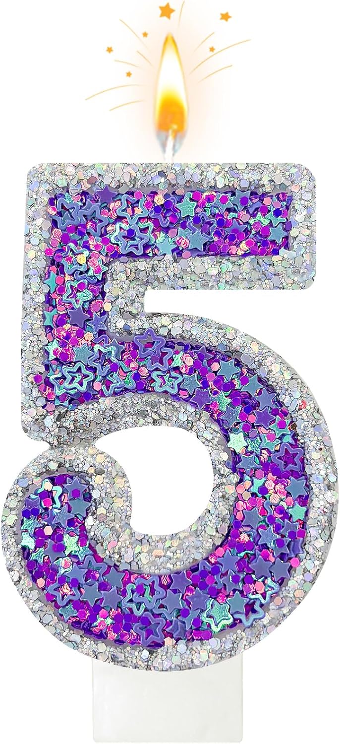 K-pop Number 5 Birthday Candle, Star Glitter Filled Number Candle, Purple Silver Fantasy Cake Topper for Birthday Party Decoration