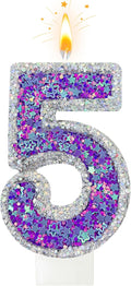 K-pop Number 5 Birthday Candle, Star Glitter Filled Number Candle, Purple Silver Fantasy Cake Topper for Birthday Party Decoration