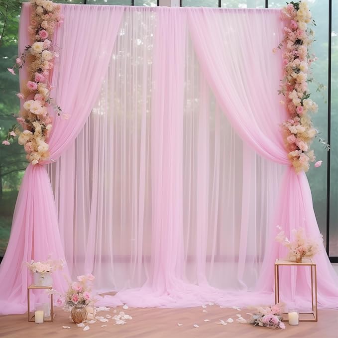 20x10 Pink Tulle Backdrop Curtains for Parties, Sheer Backdrop Curtain Wedding Photo Background Drapes for Baby Shower Photography Birthday Party