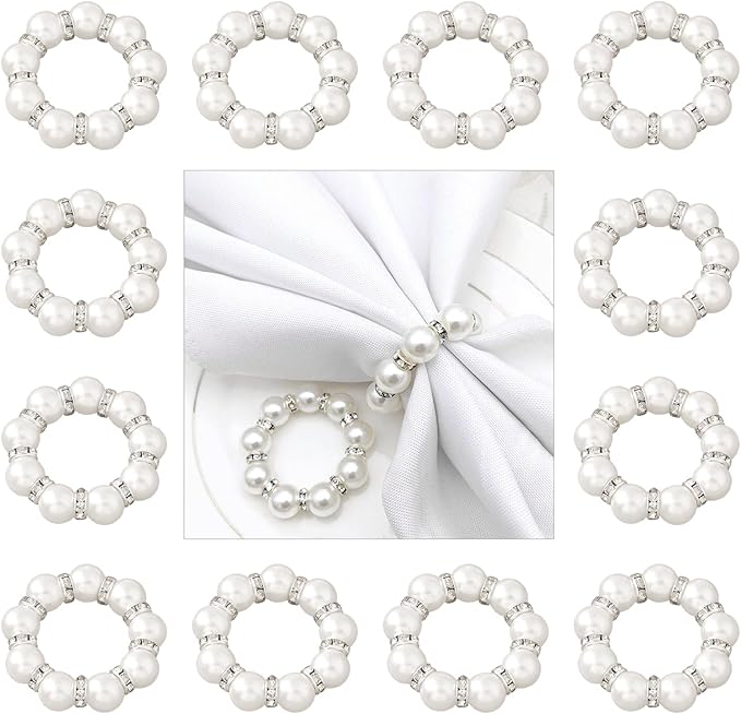 12Pcs Pearl Napkin Rings, Round Napkin Buckles Wedding Beaded White Napkin Rings Silver Napkin Ring Holder for Formal Dinner Reception Party Banquet Table Decor (Sliver)