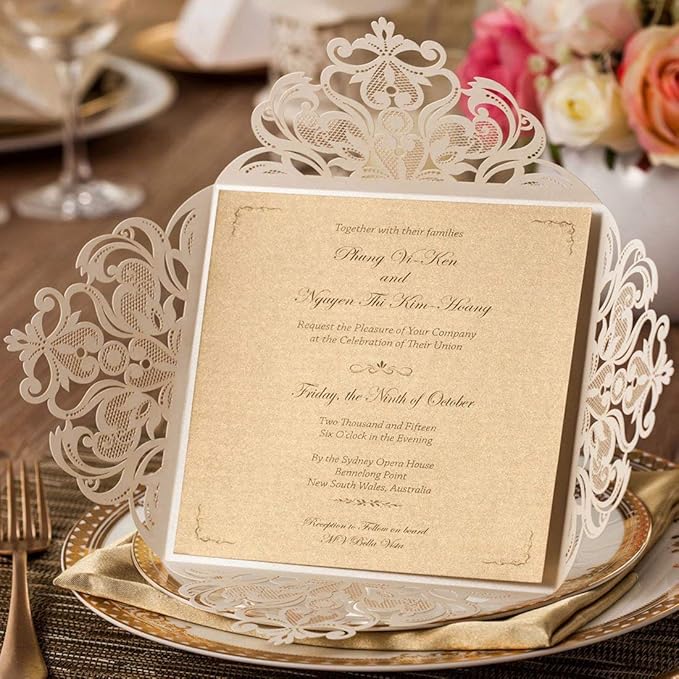 Hosmsua 50PCS Ivory Laser Cut Wedding Invitation Cards with Envelopes 6.3 x 6.3 Inch Hollow Rose Invitations for Wedding Bridal Shower Invite (Ivory, Blank)