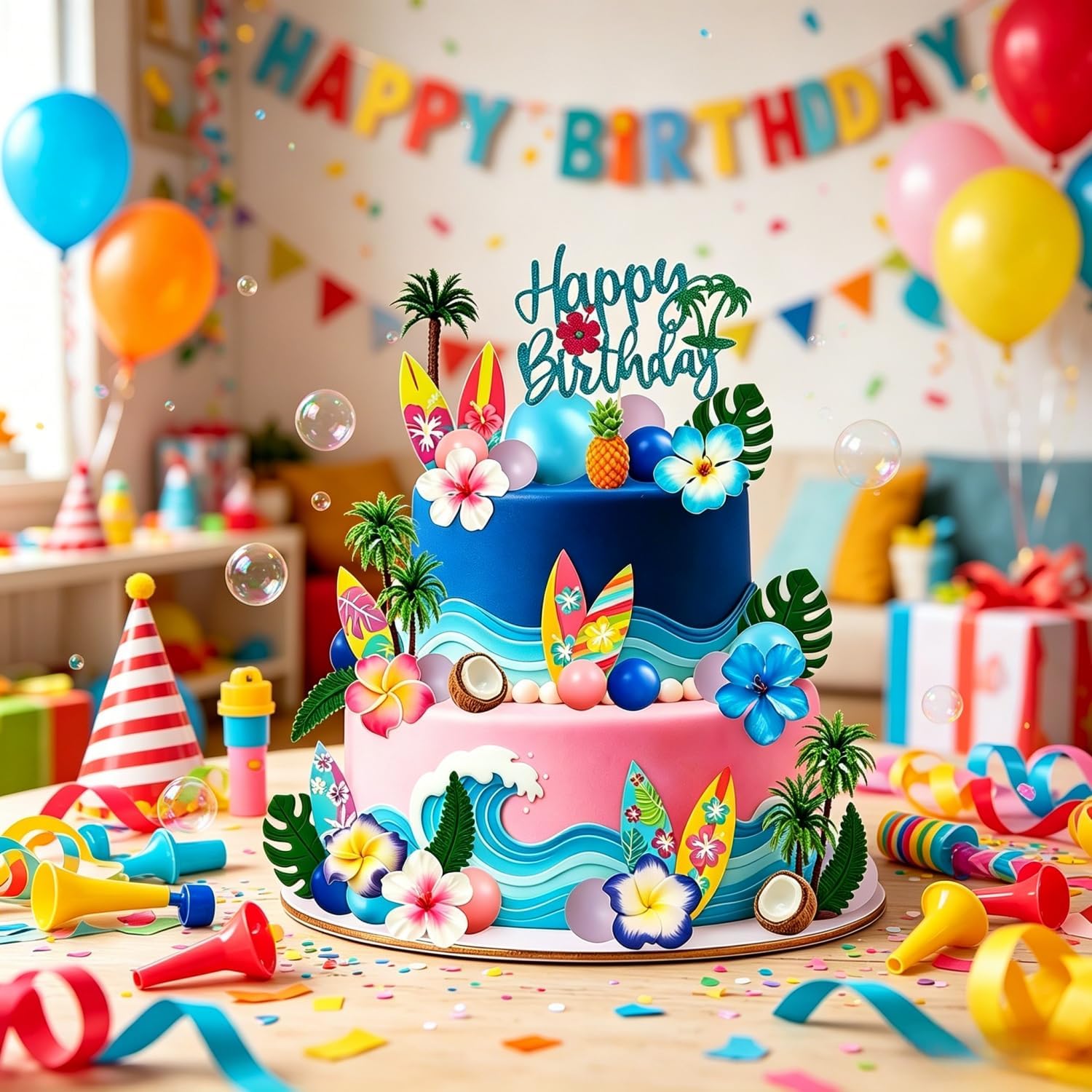 49 Pcs Hawaiian Cake Toppers, Summer Beach Cake Decoration with Surfs Flowers Leaves Coconut Trees Blue Pink Balls Cake Toppers for Birthday Party Supplies