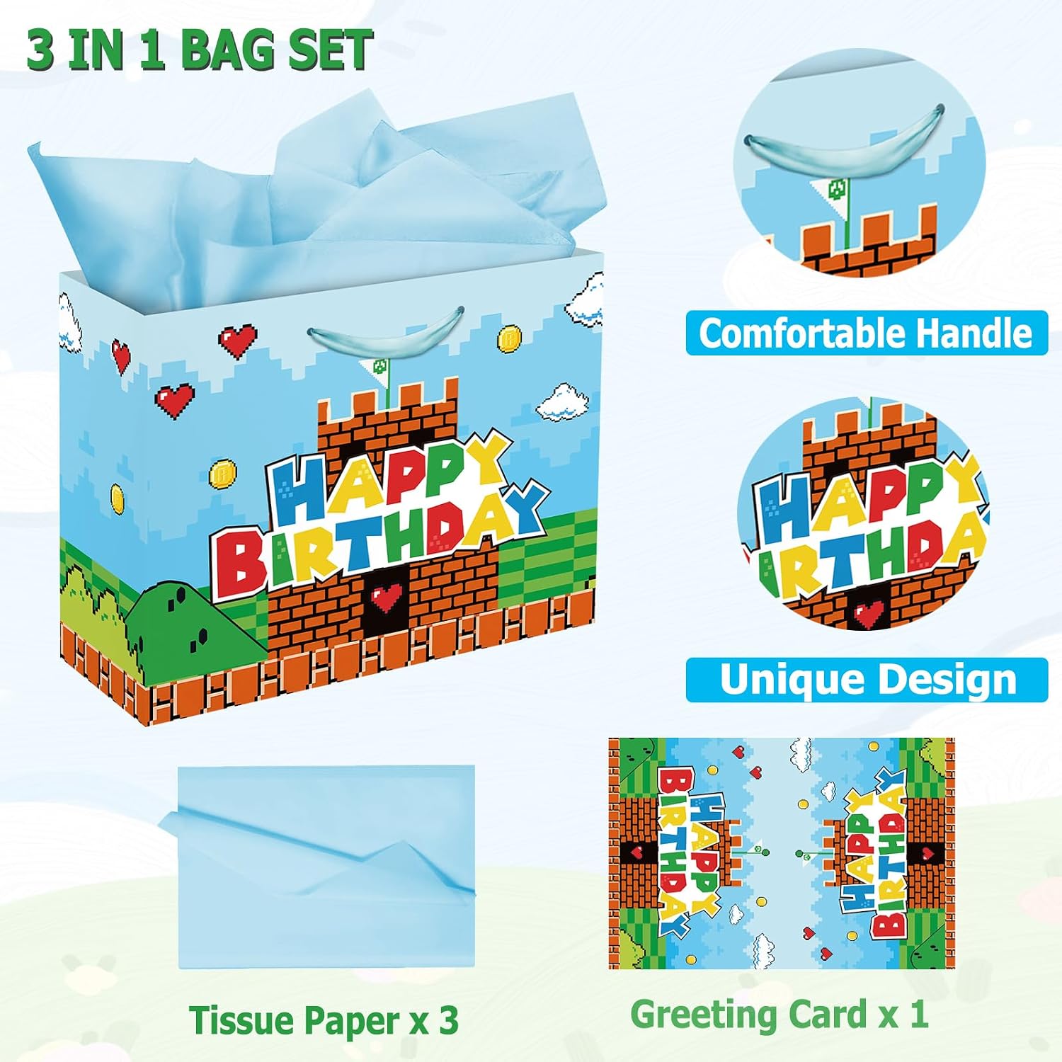 13" Large Super Brother Gift Bag Set with Greeting Card and Tissue Papers, Video Games Theme Happy Birthday Gift Bags for Birthday Party Celebration.