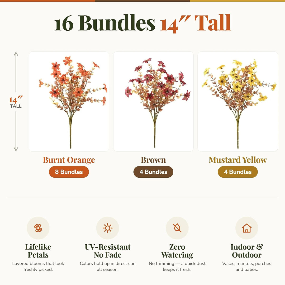 axylex artificial fall flowers outdoor fake mums (brownorangeyellow shown in use