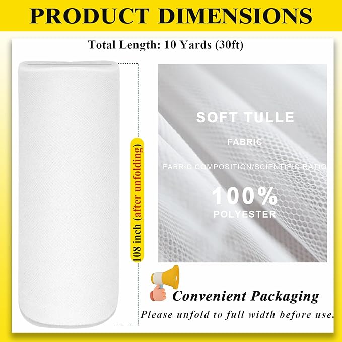 108" White Tulle Fabric Roll, Extra Large Matte Tulle Netting Bolt for Wedding Ceiling Drapes Arch Banquet Party Decorations Tutu Skirt Baby Shower DIY Crafts Gift Wrapping (10 Yards, White)