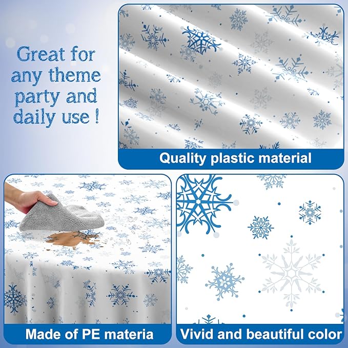 3 Pieces Christmas Snowflake Plastic Party Tablecloth Decorations,Disposable Blue Snowflake White Xmas Round Table Cover Backdrop for Winter Christmas Holiday Party Supplies,84 inch (Blue White)