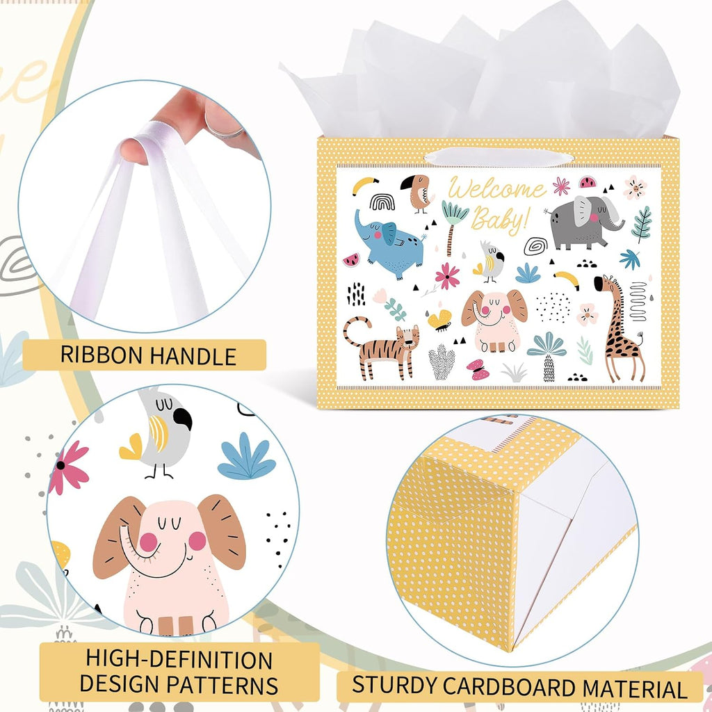 woric 14.5" Baby Gift Bag for Baby Shower with Tissue Paper and Greeting Cards for Boys Girls Birthday Party(Cute Animals)