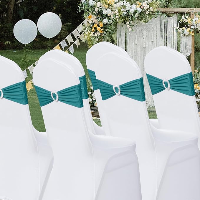 Howhic Pack of 60 Spandex Chair Sashes Bows Stretch Chair Cover Band with Buckle Slider Universal Elastic Chair Ties for Wedding Banquet Party Event Decoration (Turquoise)