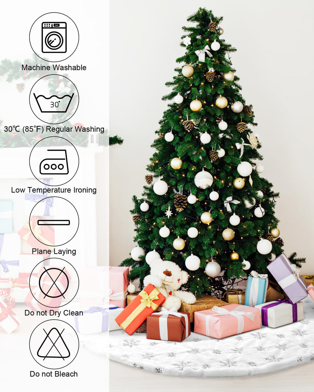 COOLWUFAN 72 Inches Faux Fur Christmas Tree Skirt for Xmas Tree Holiday Party Decorations White Plush Silver Sequin Snowflake (Silver)